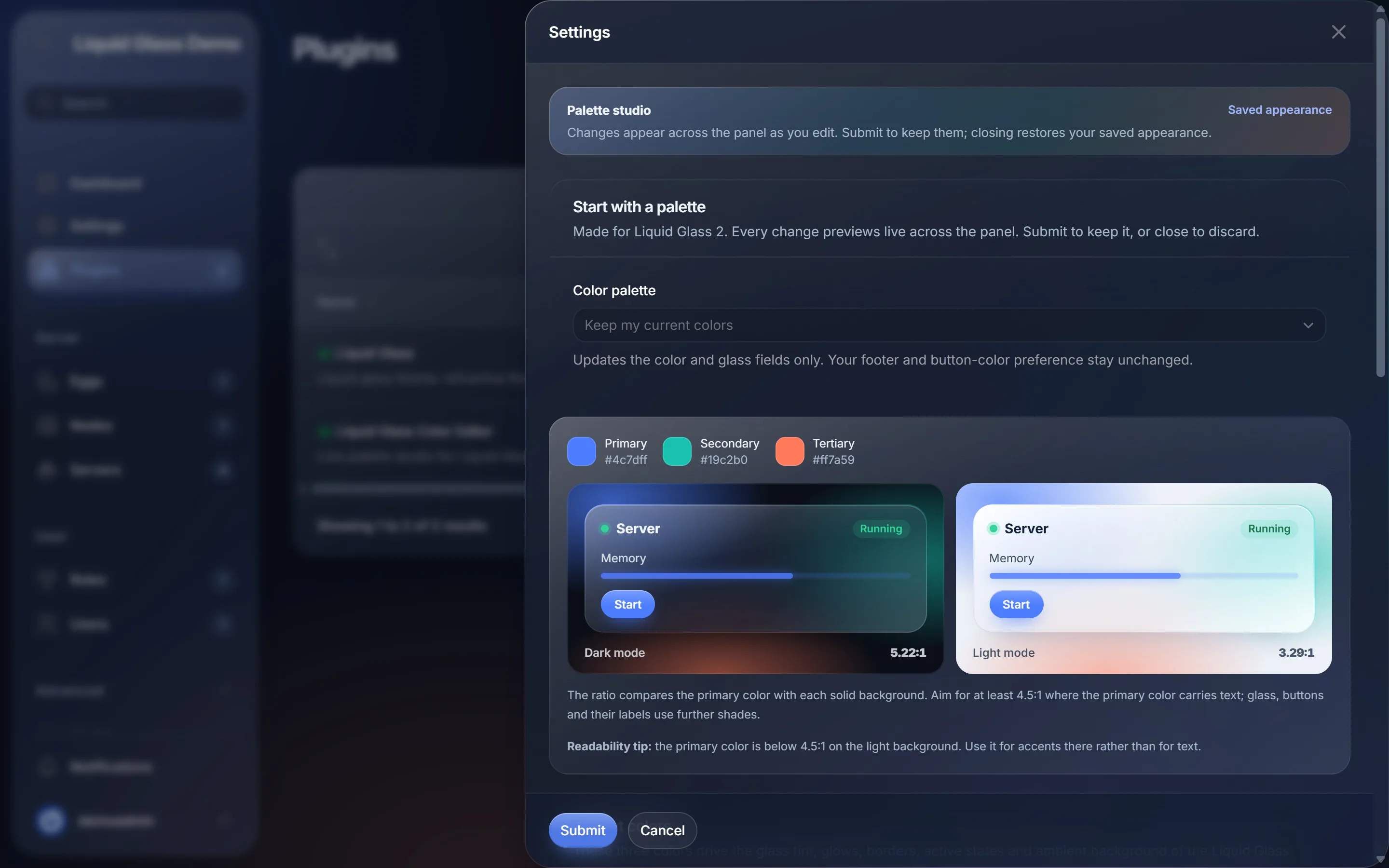 Palette studio with glass preview cards in dark and light mode and contrast ratios