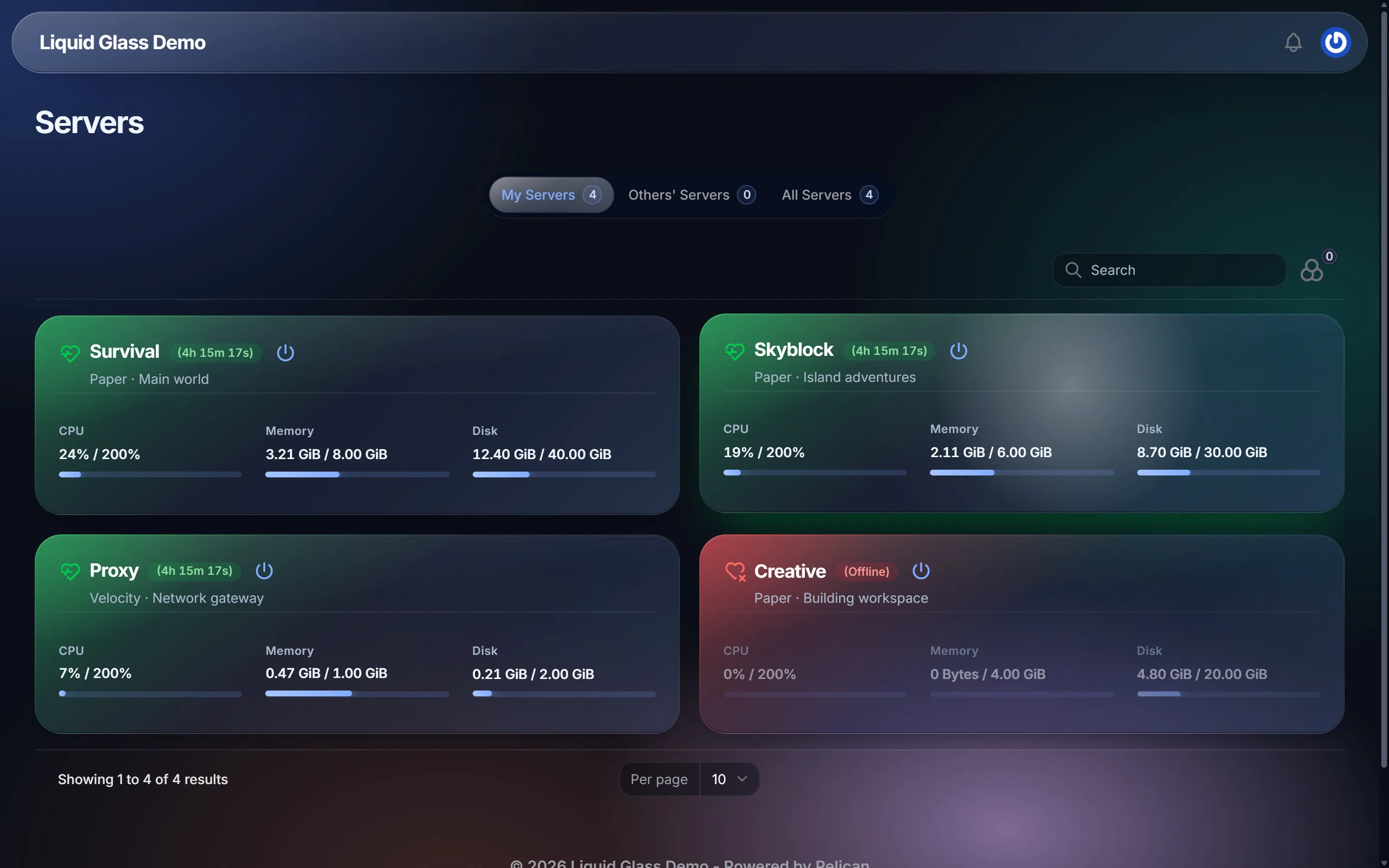 Server list in dark mode with glass cards, uptime pills and CPU, memory and disk meters