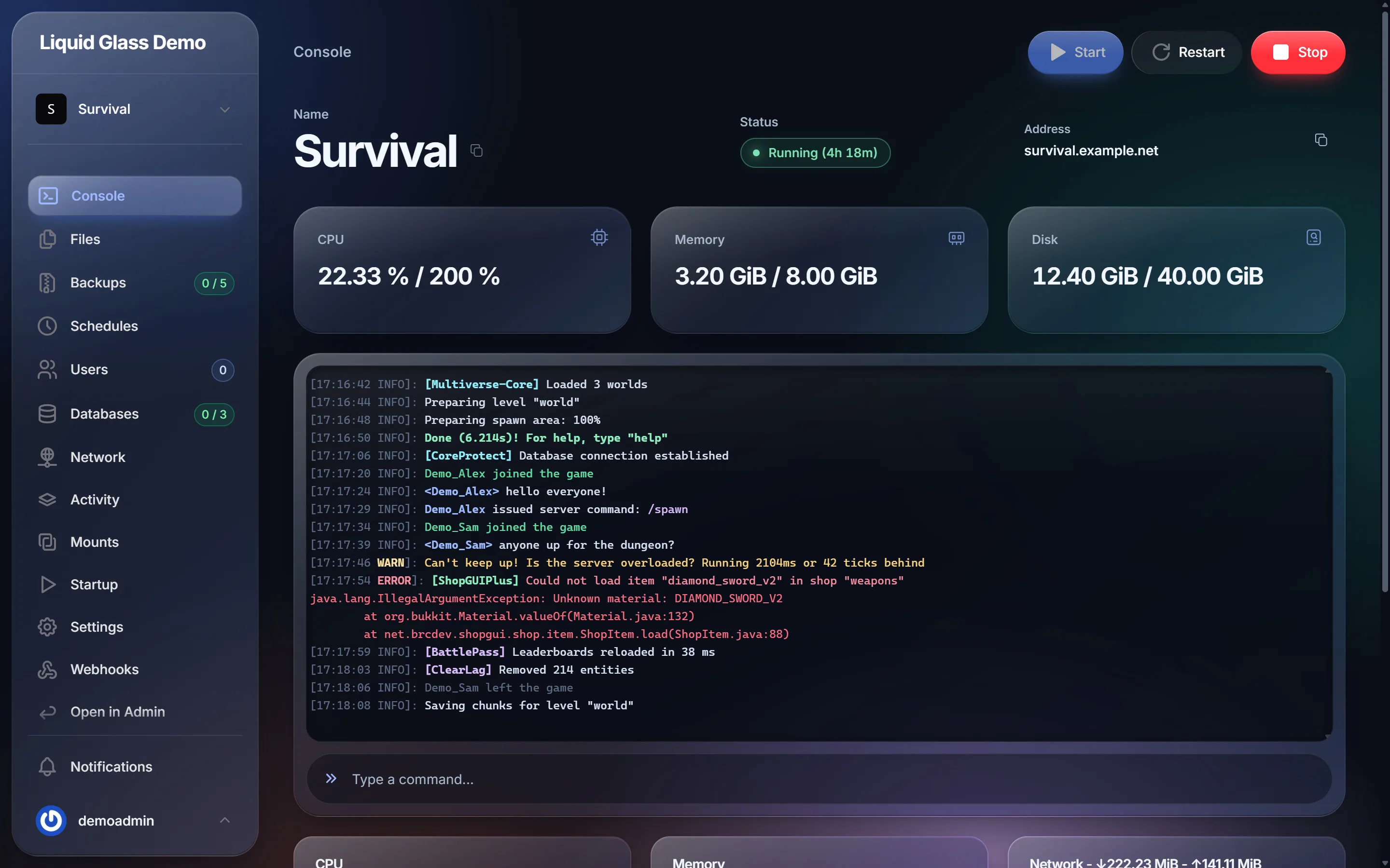 Server console in dark mode with resource stats and highlighted log output