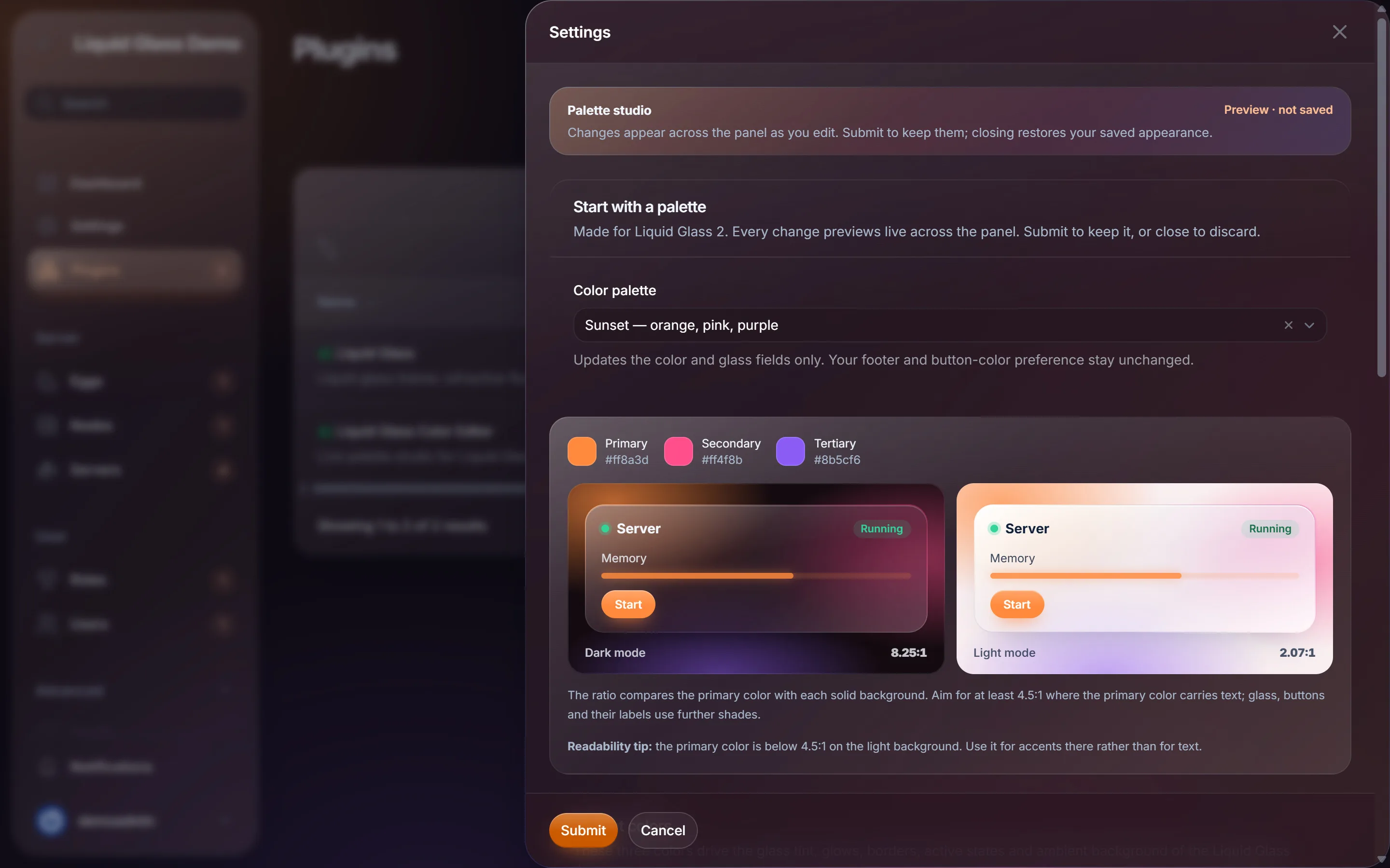 Pelican admin area recoloured with the Sunset palette while the Color Editor settings window is open