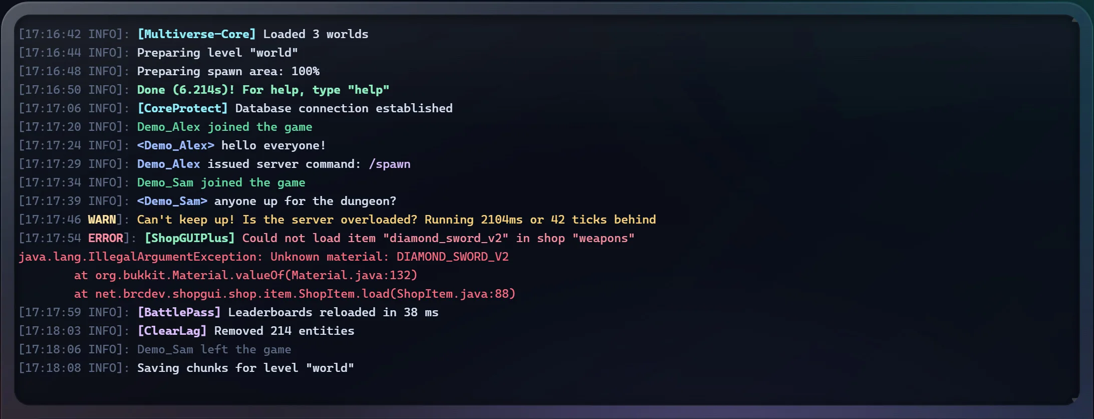 Close-up of console log highlighting showing WARN, ERROR, a stack trace, plugin tags, chat and commands