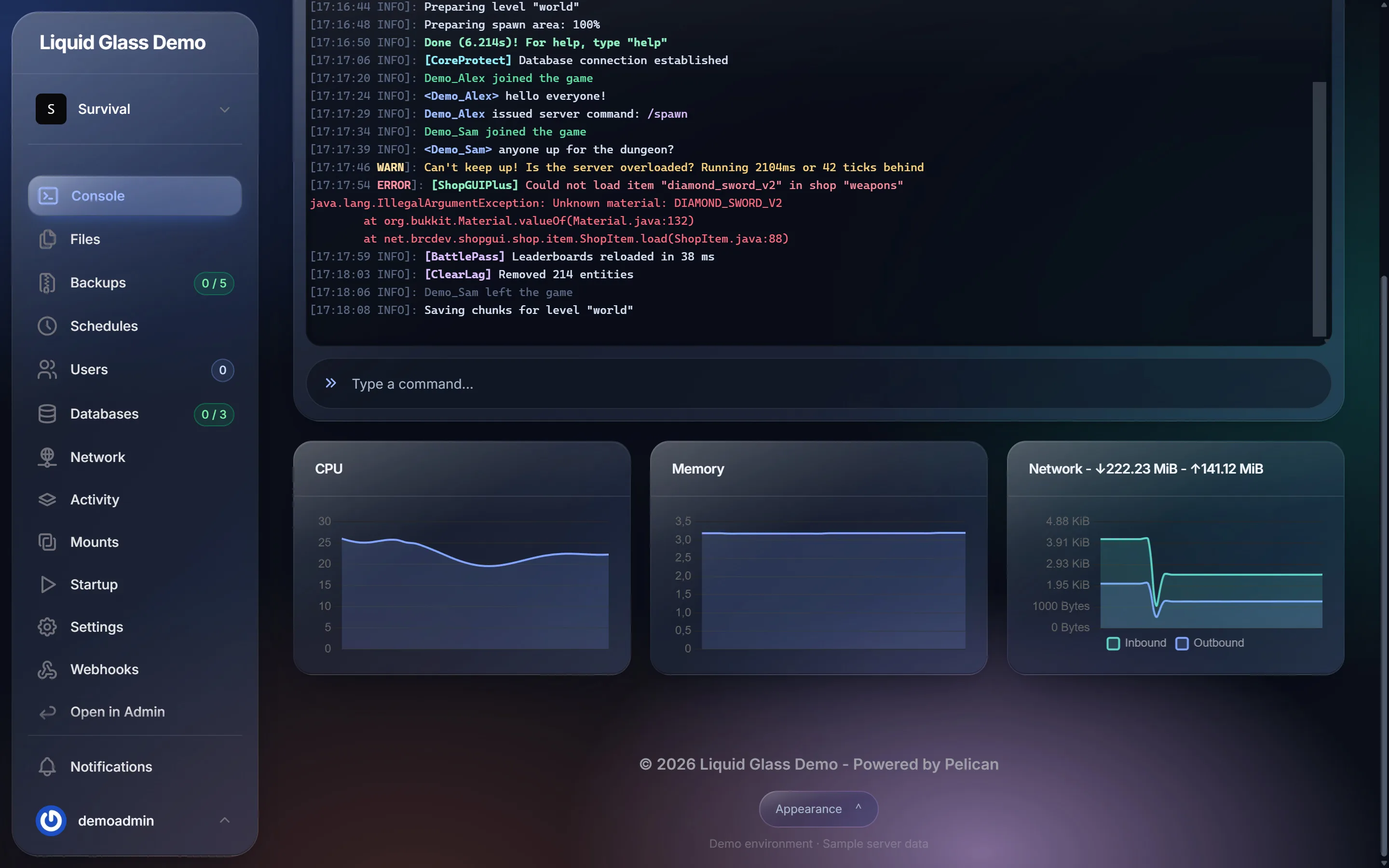 CPU, memory and network charts drawn in the theme colours