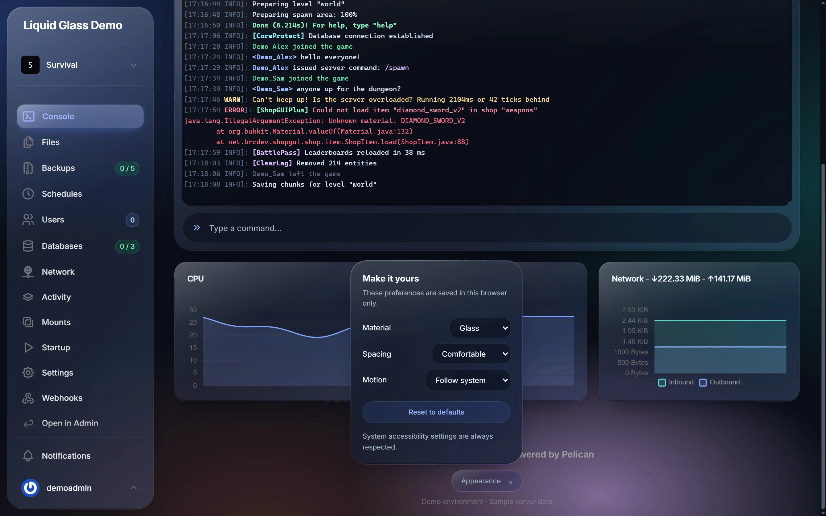 Appearance menu with material, spacing and motion options