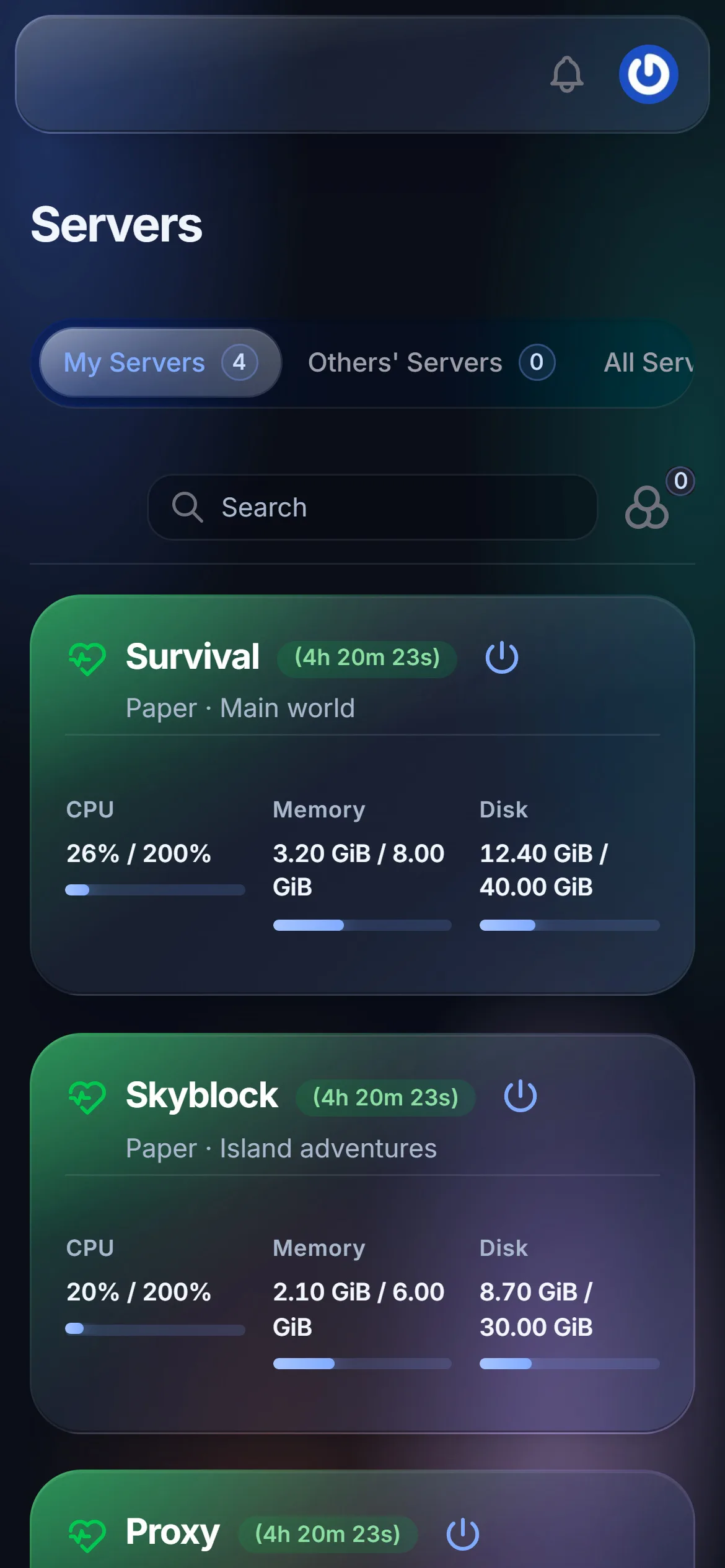 Server list on a 390 pixel wide phone screen