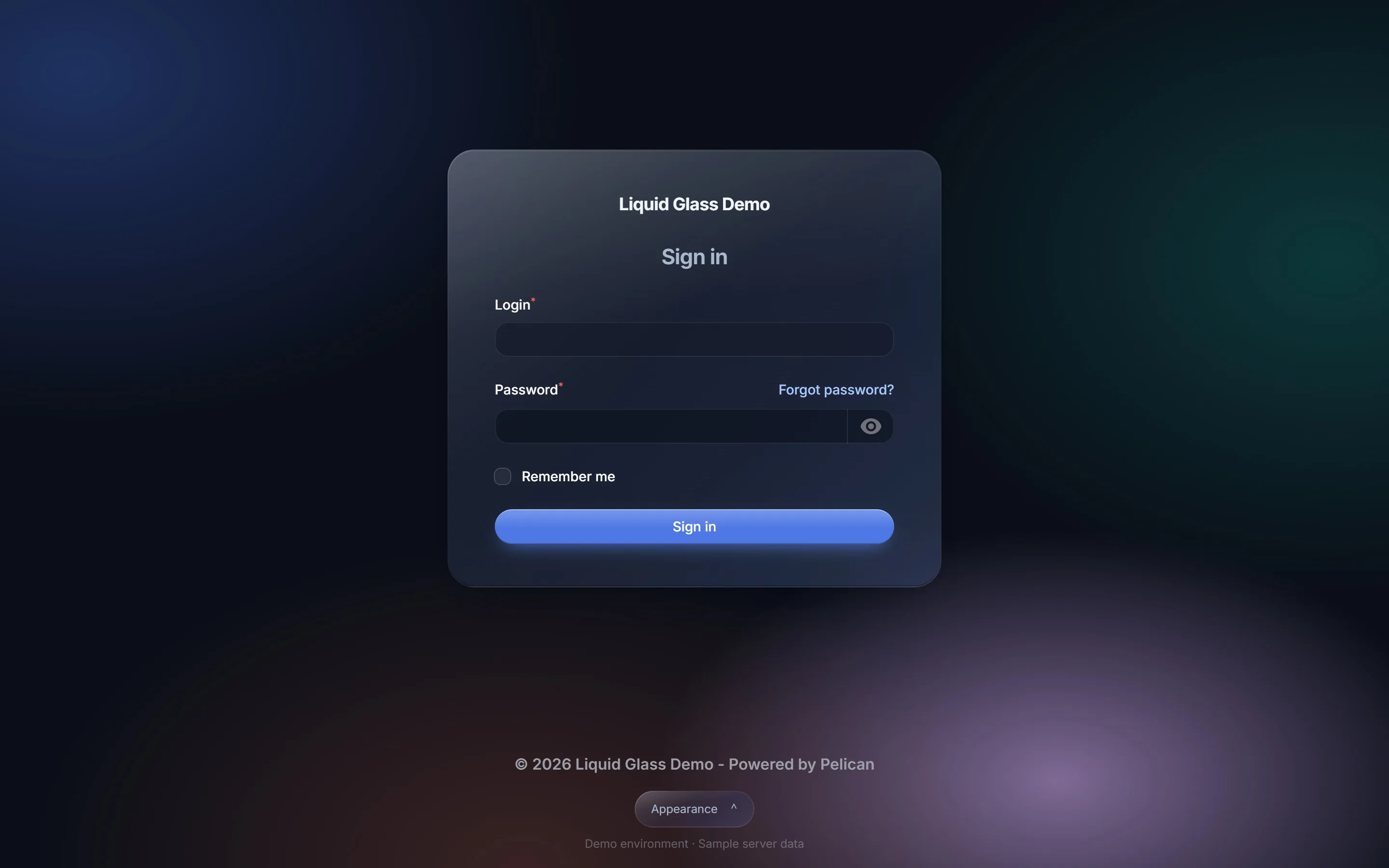 Pelican sign-in page with the Liquid Glass theme