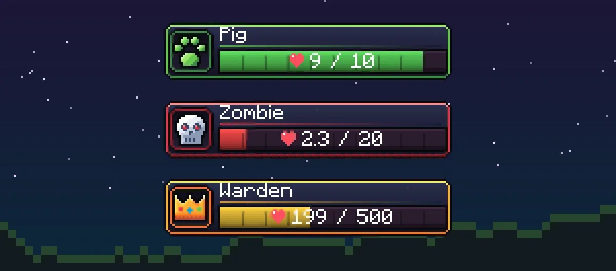 Three HPixel panels: a green animal panel for a pig, a red enemy panel for a zombie and a gold boss panel for a Warden