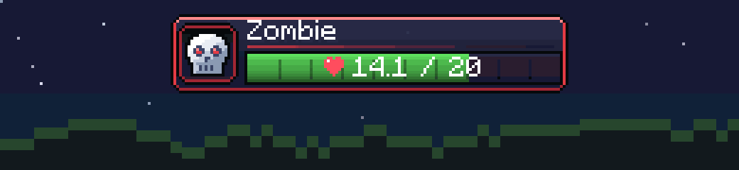 A zombie's HPixel panel losing health after hits, with a pale damage trail draining behind the bar